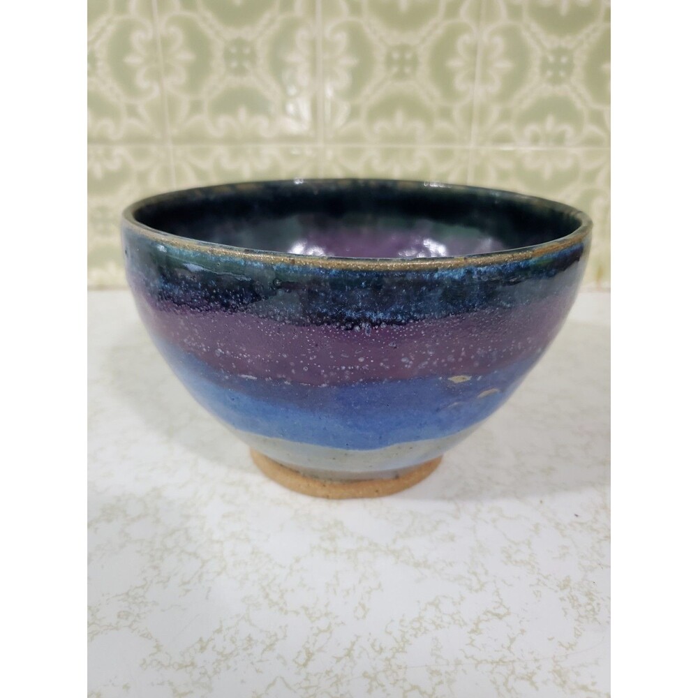 Stoneware Pottery Bowl Lavender Blue Brown Glazed Footed 6.5" Diameter 4" Tall